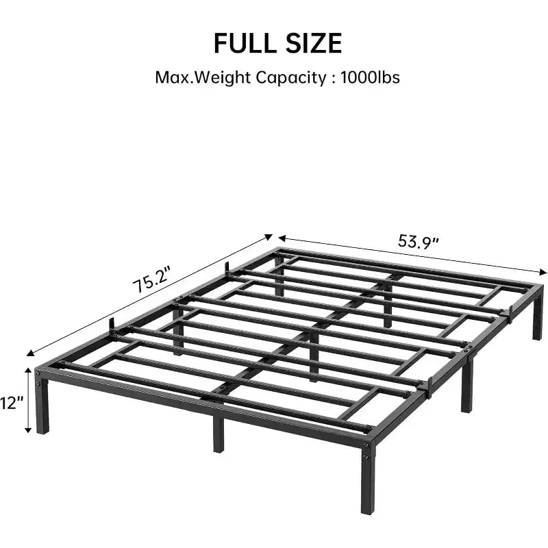12 Inch Full Size Heavy Duty Metal Platform Bed, Black Bed Frame with No Box Spring Needed, Quiet Design Easy Assembly for Bedroom