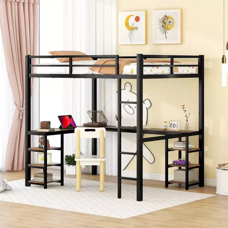 Bellemave Full Metal Loft Bed with L-Shaped Desk & Shelves, Space-Saving Loft Bed Frame with Ladder & Full Guardrails for Bedroom, Black/Vintage Wood
