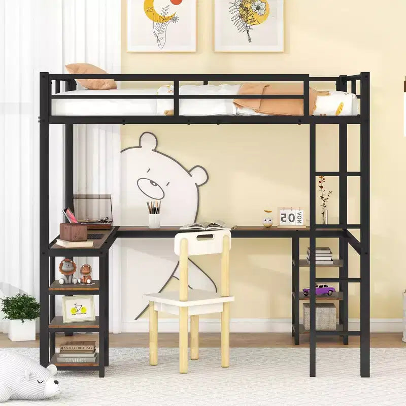 Bellemave Full Metal Loft Bed with L-Shaped Desk & Shelves, Space-Saving Loft Bed Frame with Ladder & Full Guardrails for Bedroom, Black/Vintage Wood
