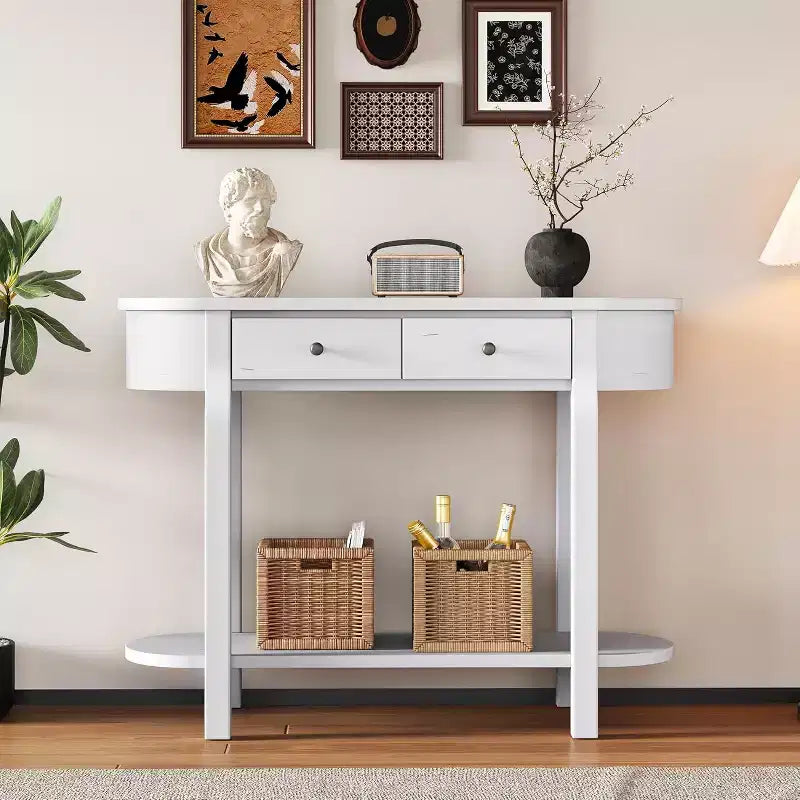 Curved Console Table 40-Inch Retro Farmhouse Wood Entry Sofa Table with Storage Shelf & Drawer for Living Room Hallway, Antique White