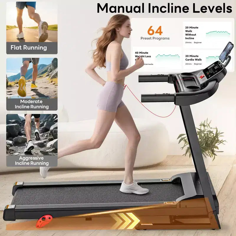 Tapis de course 3.25 CV en solde pour la maison, tapis de course électrique capacité 136 kg, tapis de course pliable avec inclinaison, machine de course avec 64 programmes prédéfinis
