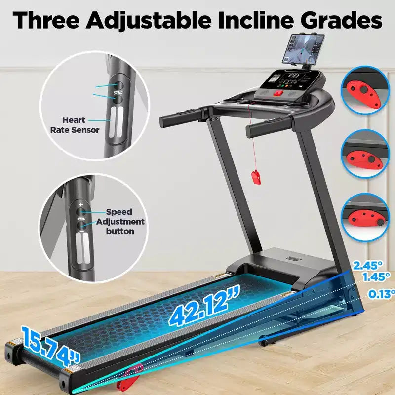 Tapis de course avec inclinaison, tapis de course compact et pliable de 3 CV pour la maison ou un petit bureau avec ceinture large, application, fréquence cardiaque