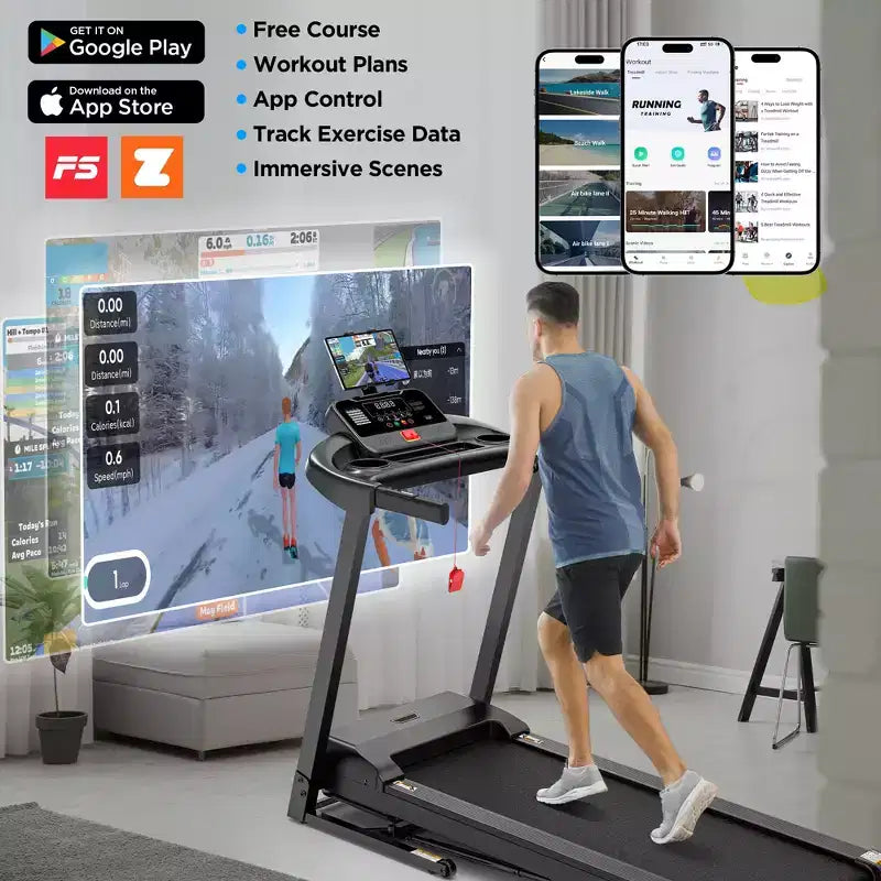 Tapis de course avec inclinaison, tapis de course compact et pliable de 3 CV pour la maison ou un petit bureau avec ceinture large, application, fréquence cardiaque