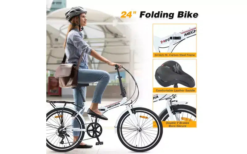 Vélo pliant de ville 24 pouces, cadre en acier, 7 vitesses, cadre en acier à haute résistance, freins en V