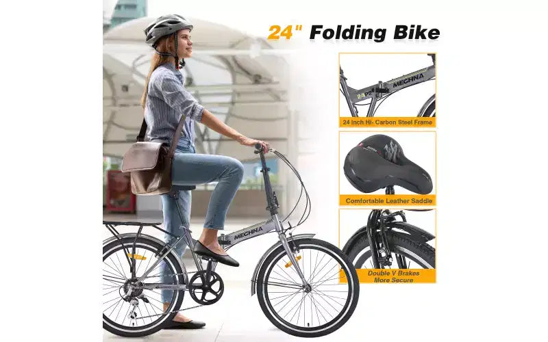 Vélo pliant de ville 24 pouces, cadre en acier, 7 vitesses, cadre en acier à haute résistance, freins en V
