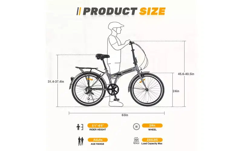 Vélo pliant de ville 24 pouces, cadre en acier, 7 vitesses, cadre en acier à haute résistance, freins en V