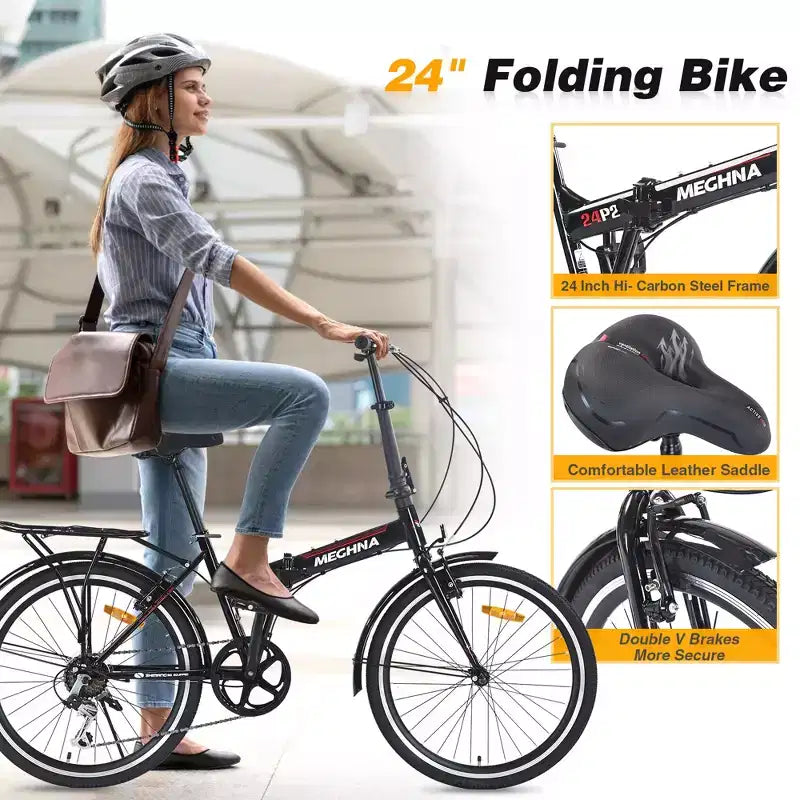 Vélo pliant de ville 24 pouces, cadre en acier, 7 vitesses, cadre en acier à haute résistance, freins en V