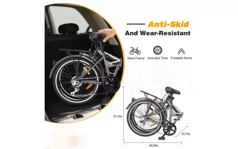 Vélo pliant de ville 24 pouces, cadre en acier, 7 vitesses, cadre en acier à haute résistance, freins en V