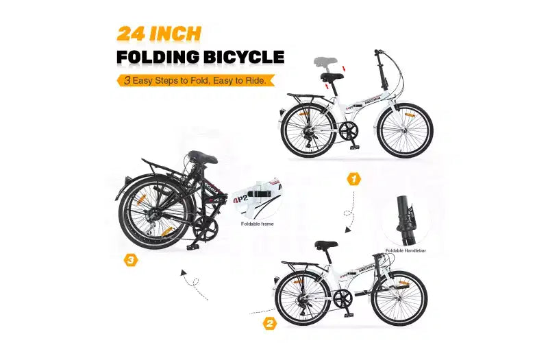 Vélo pliant de ville 24 pouces, cadre en acier, 7 vitesses, cadre en acier à haute résistance, freins en V