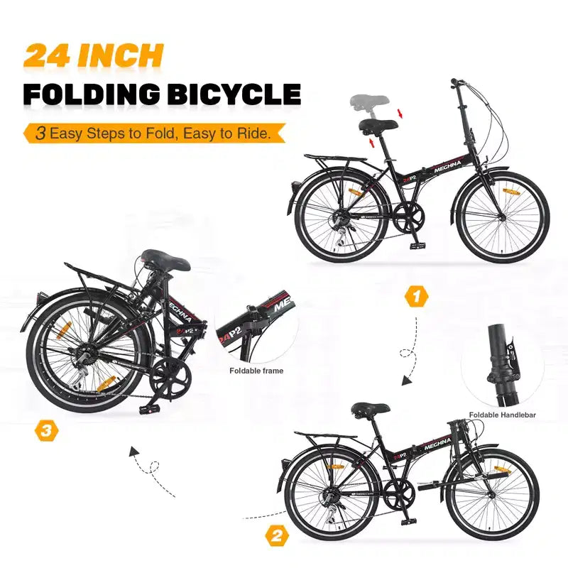 Vélo pliant de ville 24 pouces, cadre en acier, 7 vitesses, cadre en acier à haute résistance, freins en V