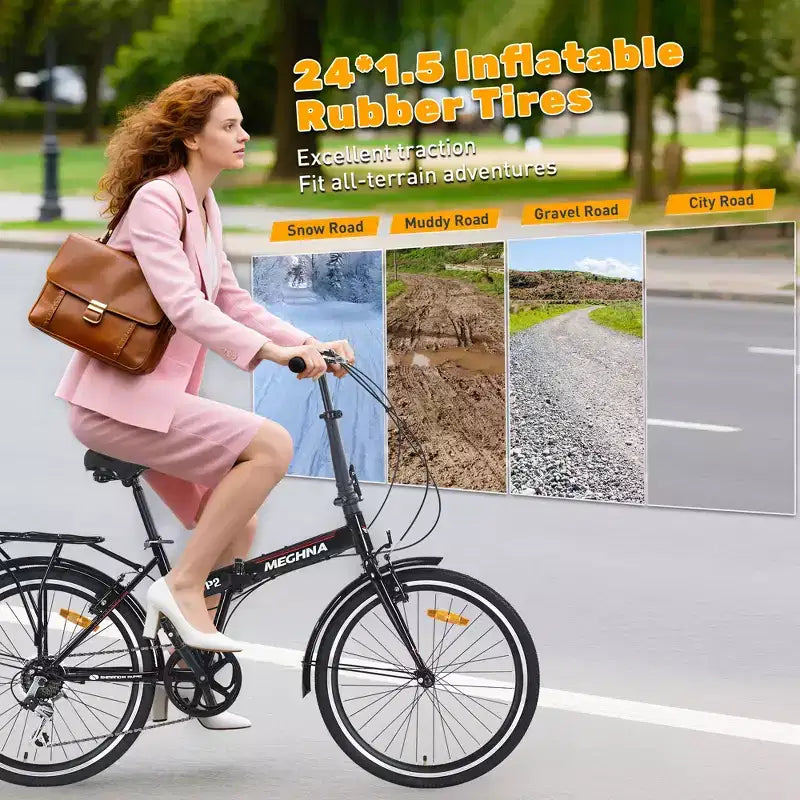 Vélo pliant de ville 24 pouces, cadre en acier, 7 vitesses, cadre en acier à haute résistance, freins en V