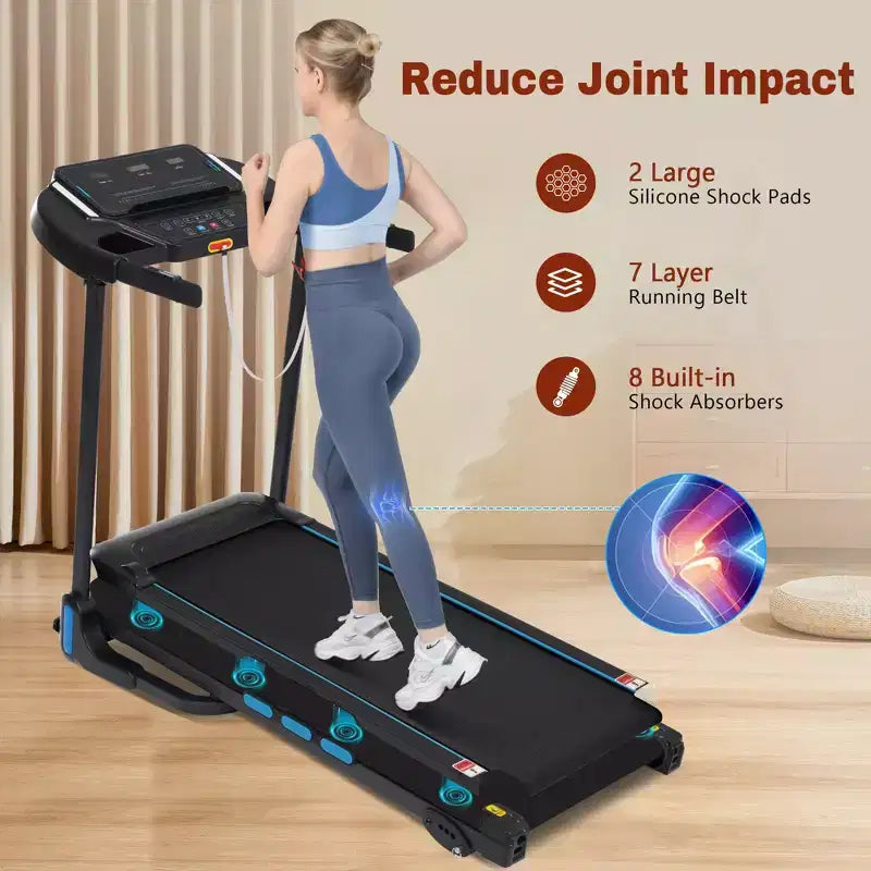 Tapis de course pliable Okak 3.5HP avec inclinaison et système hydraulique, tapis de course pour la maison avec capteurs de fréquence cardiaque et haut-parleur Bluetooth, noir