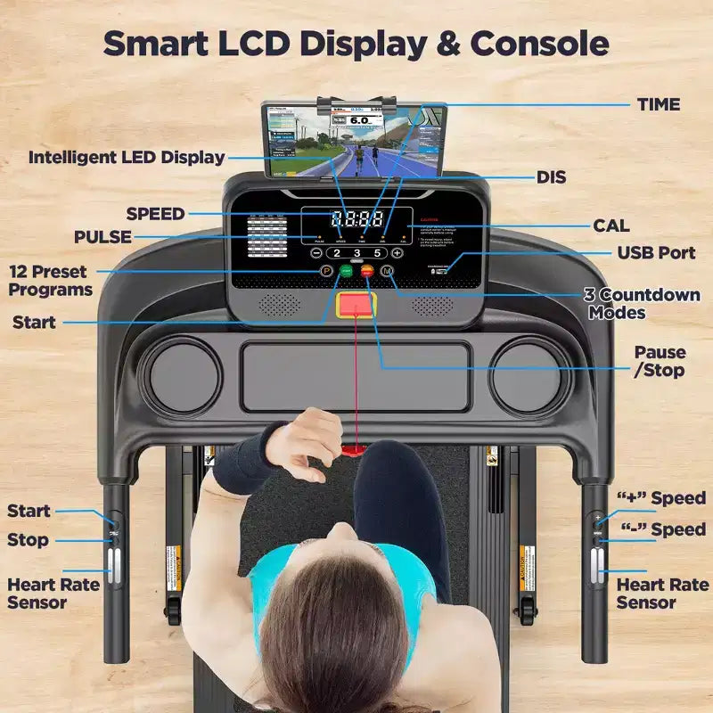 Tapis de course 3CV 136kg avec 64+3+4 programmes, 3 inclinaisons réglables, tapis de course pliable pour la course et le jogging à domicile, vitesse de 16km/h, haut-parleurs Bluetooth HiFi