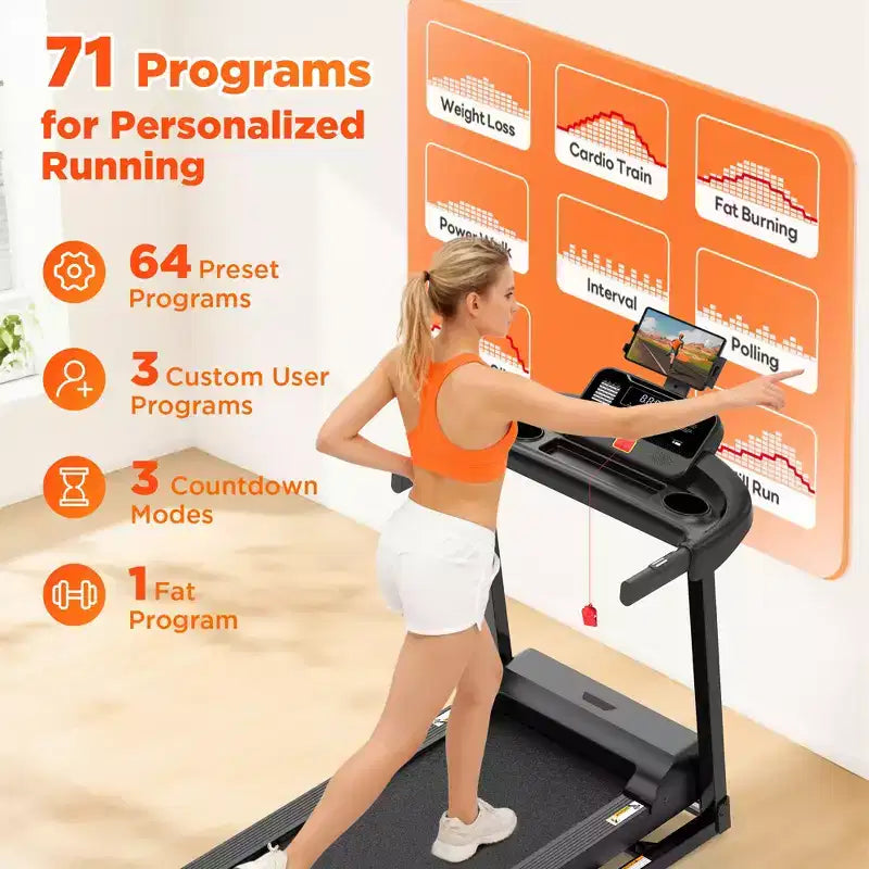 Tapis de course 3CV 136kg avec 64+3+4 programmes, 3 inclinaisons réglables, tapis de course pliable pour la course et le jogging à domicile, vitesse de 16km/h, haut-parleurs Bluetooth HiFi