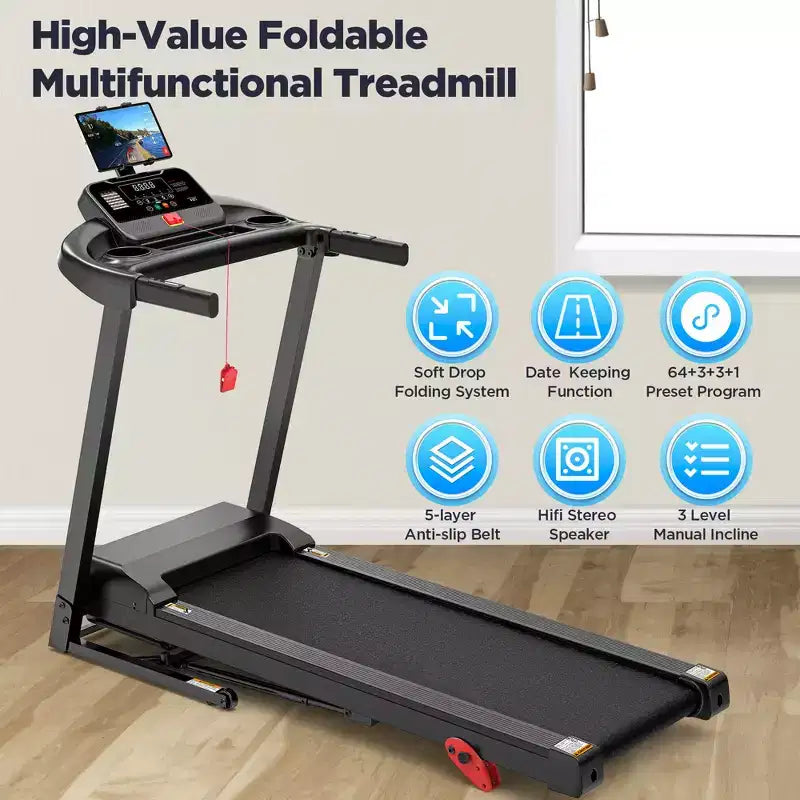 Tapis de course 3CV 136kg avec 64+3+4 programmes, 3 inclinaisons réglables, tapis de course pliable pour la course et le jogging à domicile, vitesse de 16km/h, haut-parleurs Bluetooth HiFi