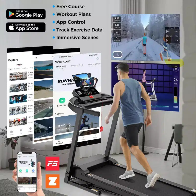 Tapis de course 3CV 136kg avec 64+3+4 programmes, 3 inclinaisons réglables, tapis de course pliable pour la course et le jogging à domicile, vitesse de 16km/h, haut-parleurs Bluetooth HiFi