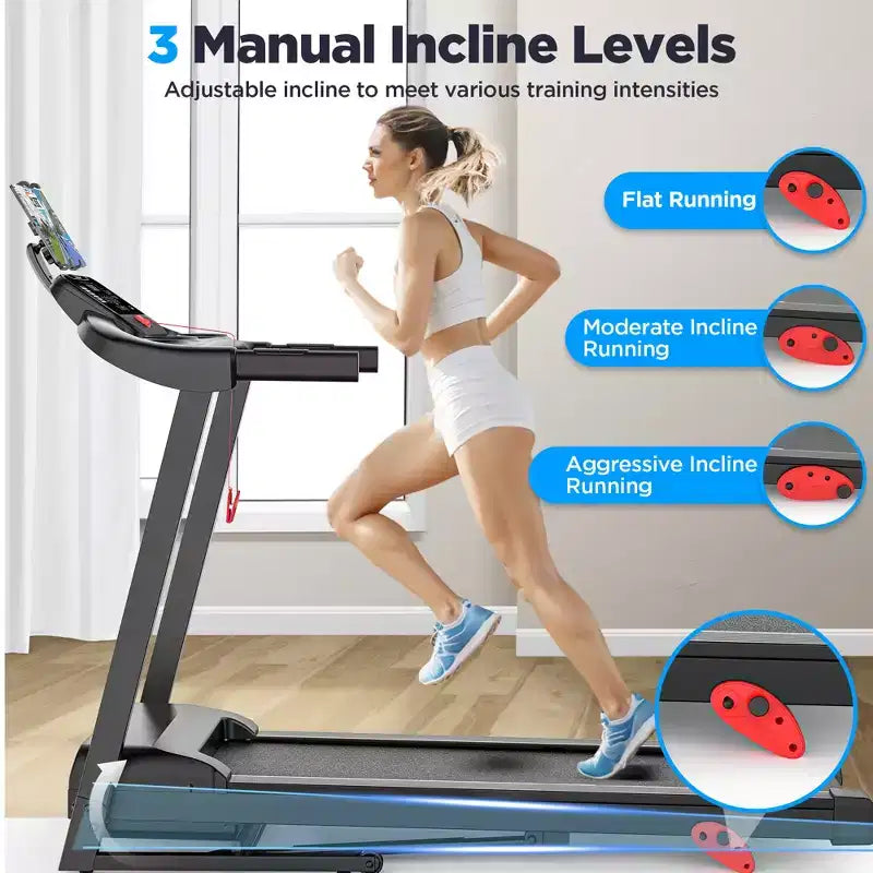 Tapis de course 3CV 136kg avec 64+3+4 programmes, 3 inclinaisons réglables, tapis de course pliable pour la course et le jogging à domicile, vitesse de 16km/h, haut-parleurs Bluetooth HiFi