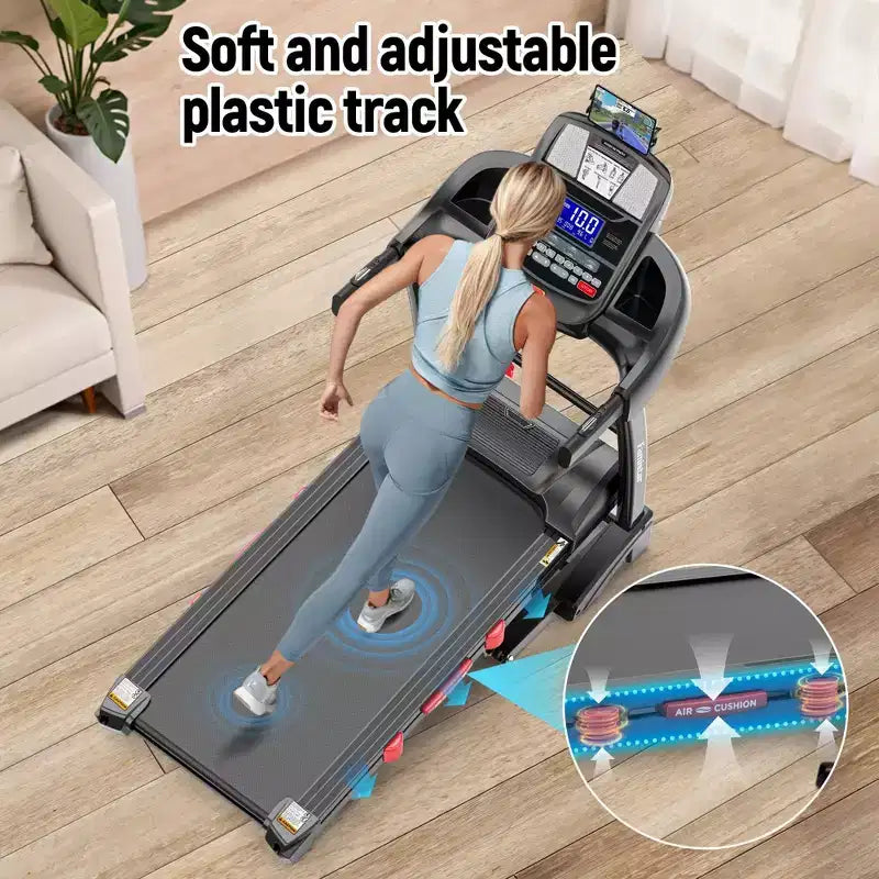 Tapis de course pliable 4,8 CV avec inclinaison, pour la maison, 64 programmes prédéfinis, contrôle par application, 19 km/h, haut-parleurs Bluetooth