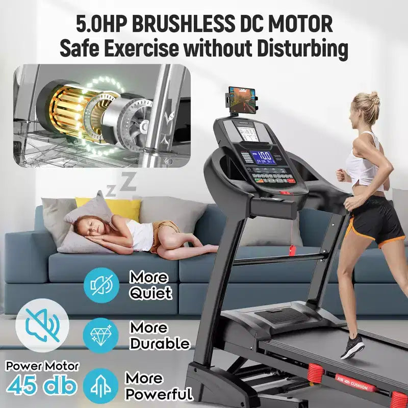 Tapis de course pliable 4,8 CV avec inclinaison, pour la maison, 64 programmes prédéfinis, contrôle par application, 19 km/h, haut-parleurs Bluetooth