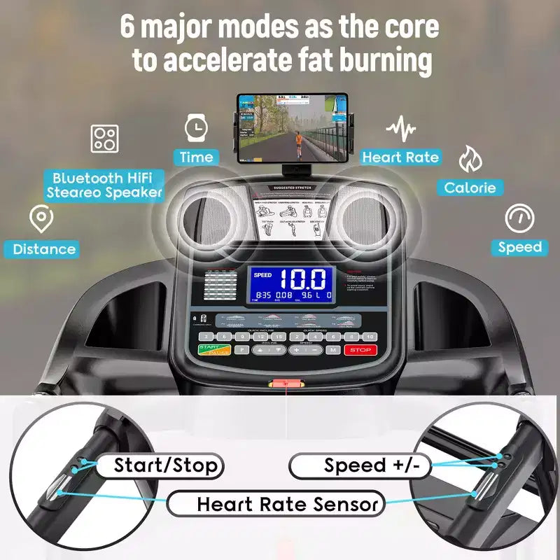Tapis de course pliable 4,8 CV avec inclinaison, pour la maison, 64 programmes prédéfinis, contrôle par application, 19 km/h, haut-parleurs Bluetooth