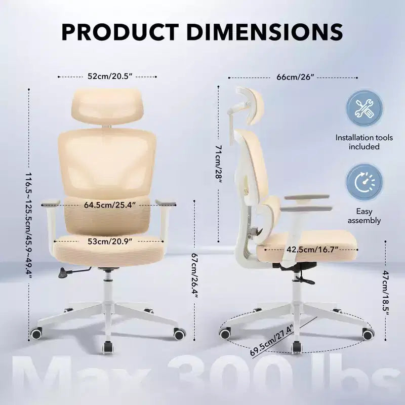 Chaise de bureau ergonomique à dossier haut, chaise de jeu en maille respirante avec support lombaire réglable et accoudoirs 3D