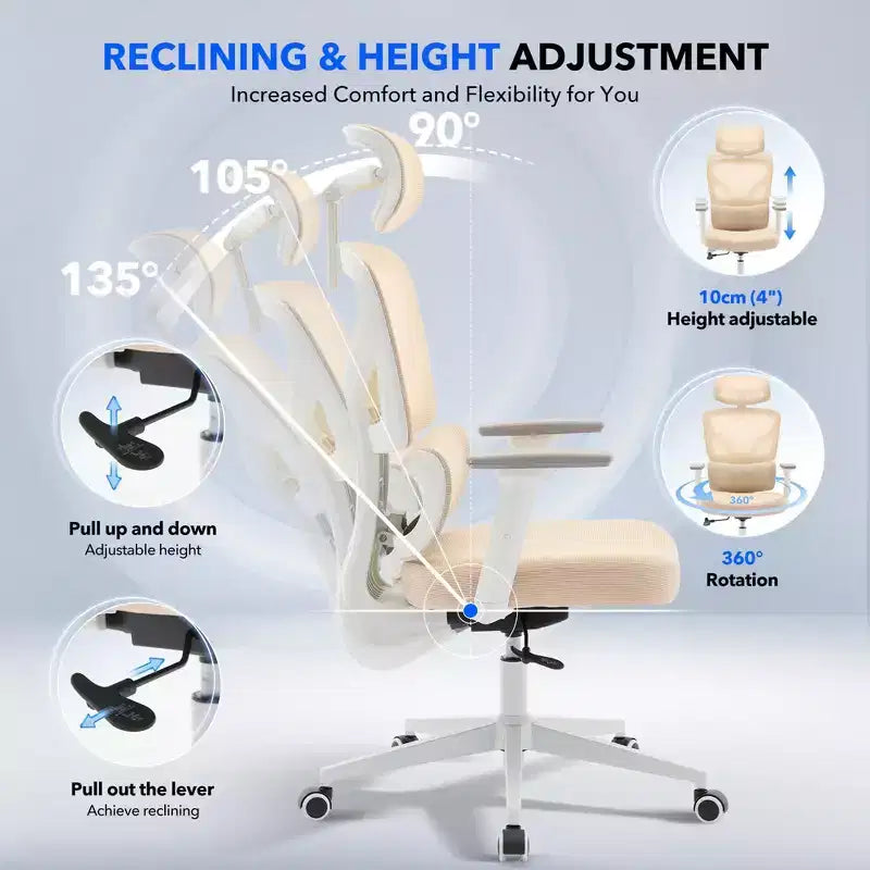 Chaise de bureau ergonomique à dossier haut, chaise de jeu en maille respirante avec support lombaire réglable et accoudoirs 3D