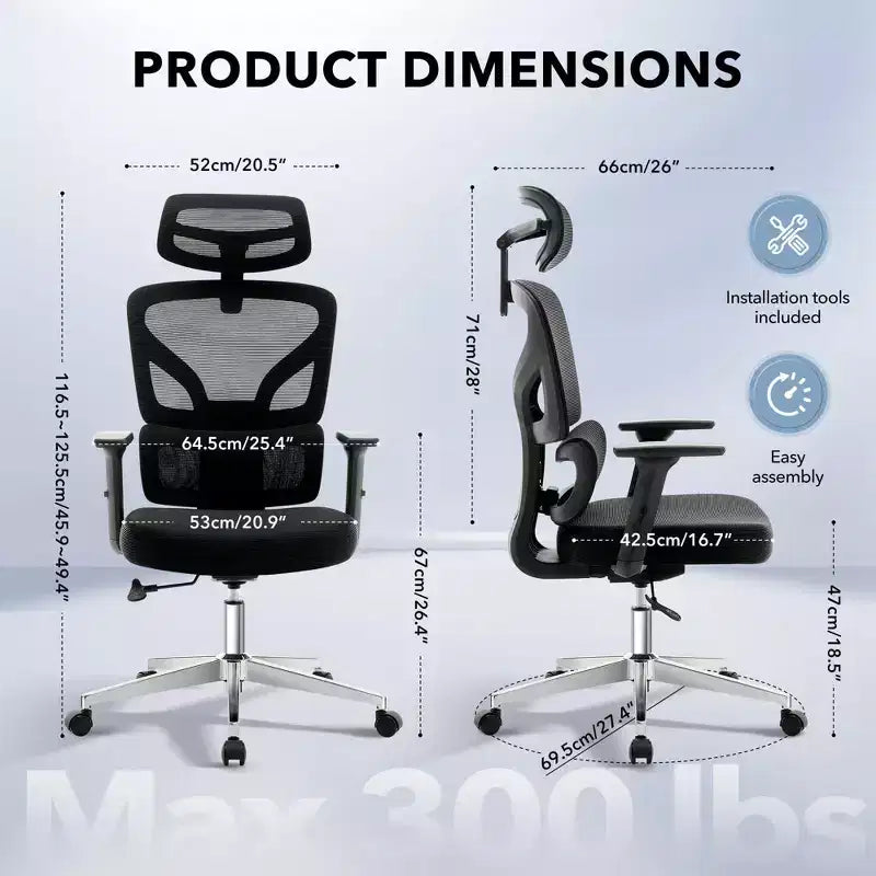 Chaise de bureau ergonomique à dossier haut, chaise de jeu en maille respirante avec support lombaire réglable et accoudoirs 3D