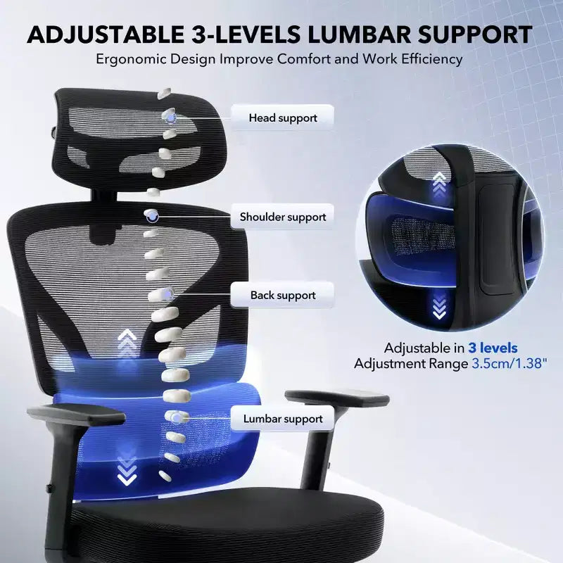 Chaise de bureau ergonomique à dossier haut, chaise de jeu en maille respirante avec support lombaire réglable et accoudoirs 3D