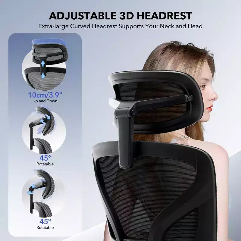 Chaise de bureau ergonomique à dossier haut, chaise de jeu en maille respirante avec support lombaire réglable et accoudoirs 3D