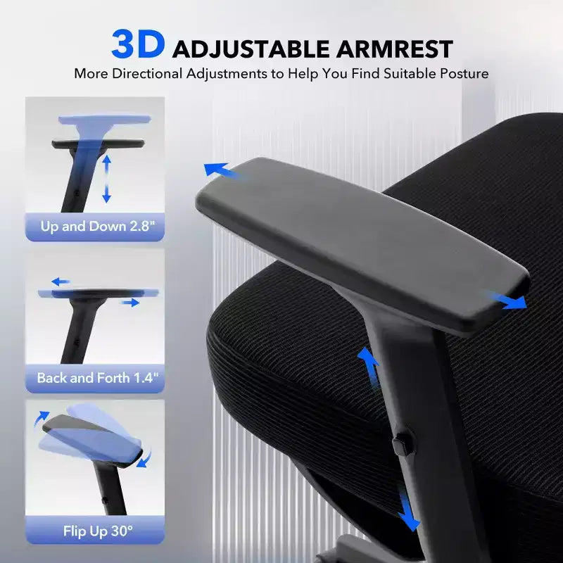 Chaise de bureau ergonomique à dossier haut, chaise de jeu en maille respirante avec support lombaire réglable et accoudoirs 3D