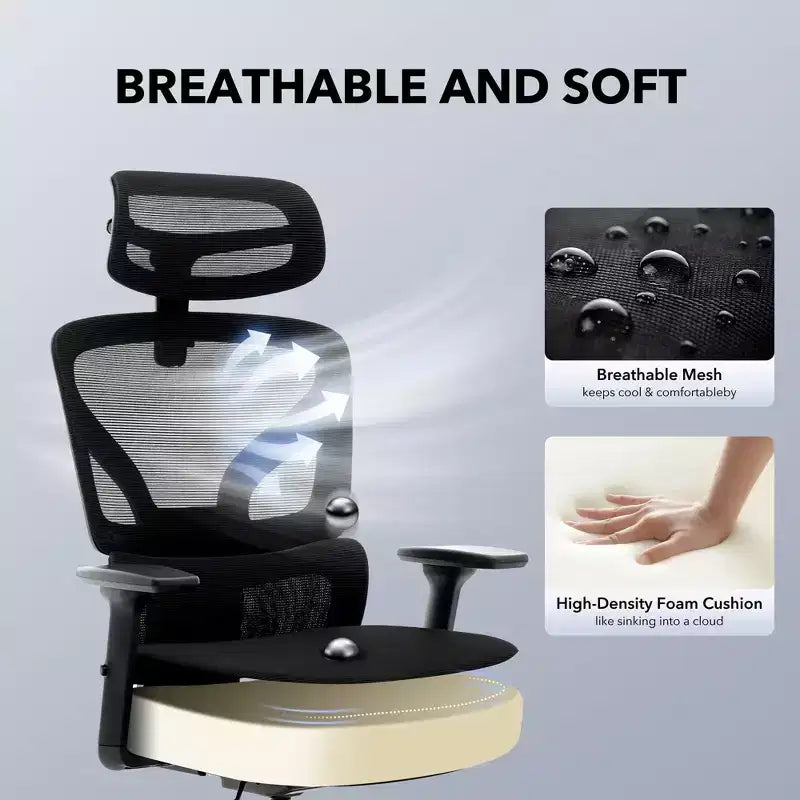 Chaise de bureau ergonomique à dossier haut, chaise de jeu en maille respirante avec support lombaire réglable et accoudoirs 3D