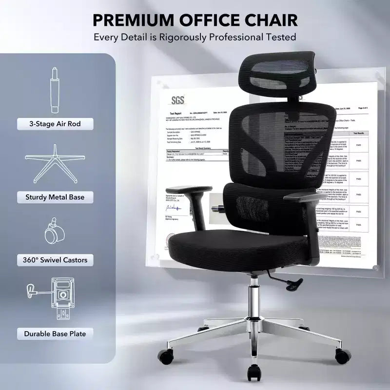 Chaise de bureau ergonomique à dossier haut, chaise de jeu en maille respirante avec support lombaire réglable et accoudoirs 3D