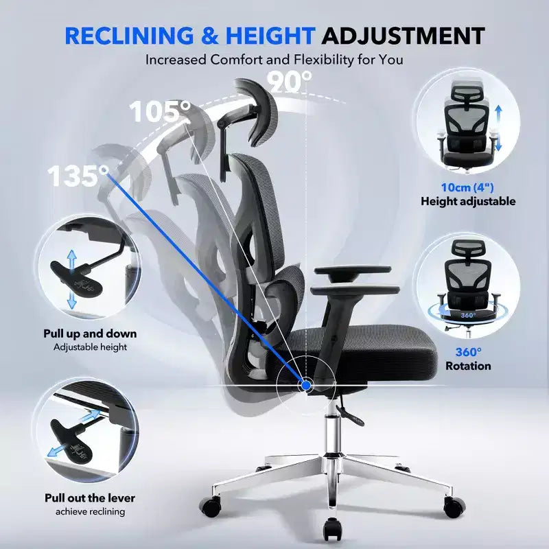 Chaise de bureau ergonomique à dossier haut, chaise de jeu en maille respirante avec support lombaire réglable et accoudoirs 3D