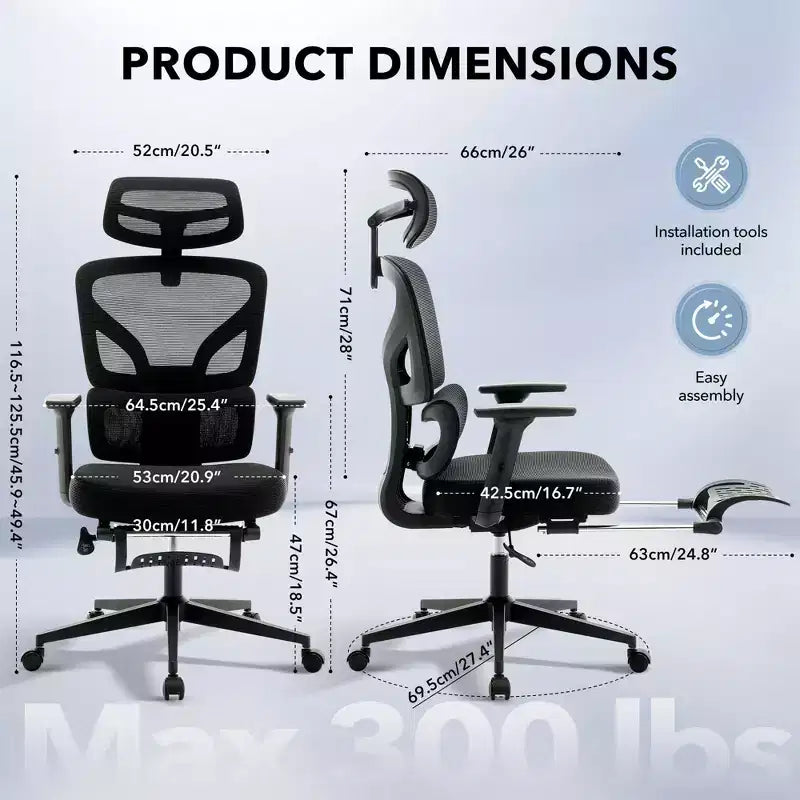 Chaise de bureau ergonomique à dossier haut, chaise de jeu en maille respirante avec support lombaire réglable et accoudoirs 3D