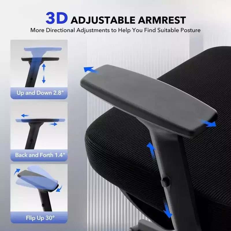 Chaise de bureau ergonomique à dossier haut, chaise de jeu en maille respirante avec support lombaire réglable et accoudoirs 3D