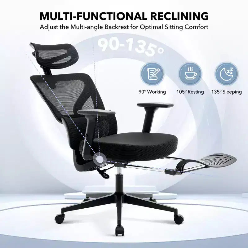 Chaise de bureau ergonomique à dossier haut, chaise de jeu en maille respirante avec support lombaire réglable et accoudoirs 3D
