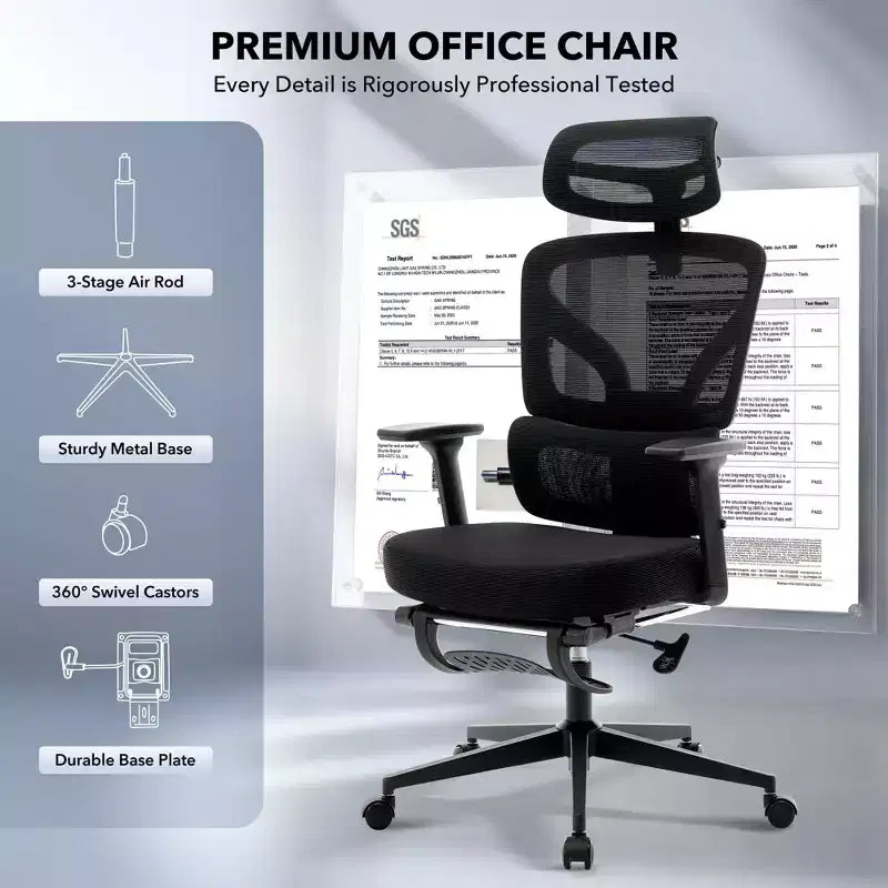 Chaise de bureau ergonomique à dossier haut, chaise de jeu en maille respirante avec support lombaire réglable et accoudoirs 3D