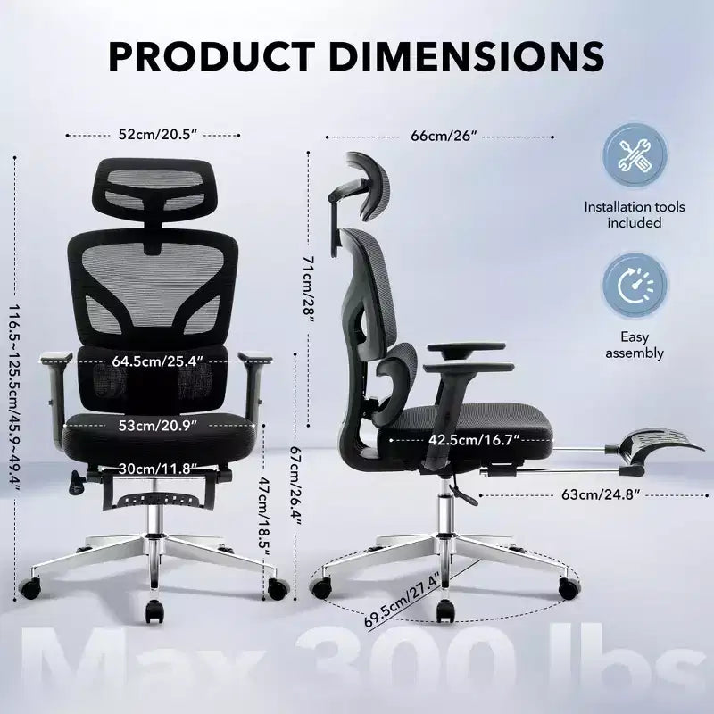 Chaise de bureau ergonomique à dossier haut, chaise de jeu en maille respirante avec support lombaire réglable et accoudoirs 3D