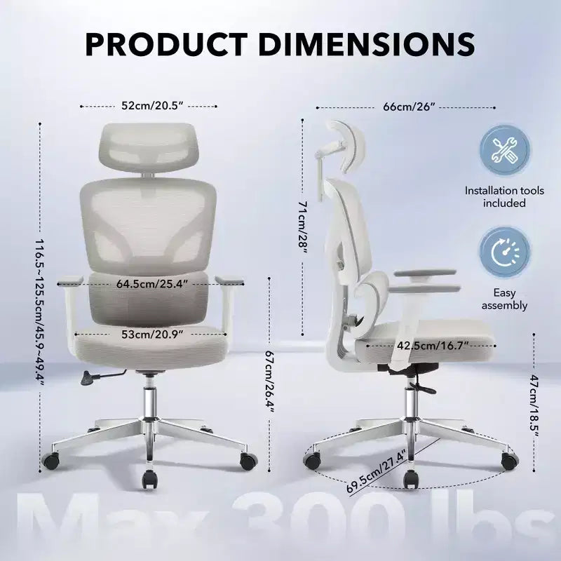 Chaise de bureau ergonomique à dossier haut, chaise de jeu en maille respirante avec support lombaire réglable et accoudoirs 3D