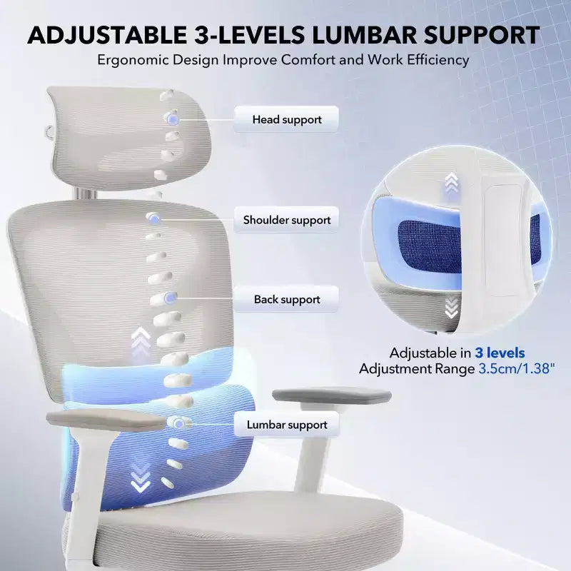 Chaise de bureau ergonomique à dossier haut, chaise de jeu en maille respirante avec support lombaire réglable et accoudoirs 3D