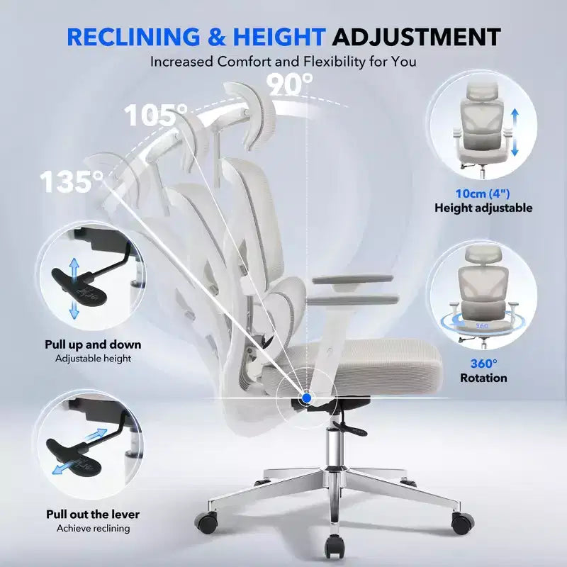 Chaise de bureau ergonomique à dossier haut, chaise de jeu en maille respirante avec support lombaire réglable et accoudoirs 3D
