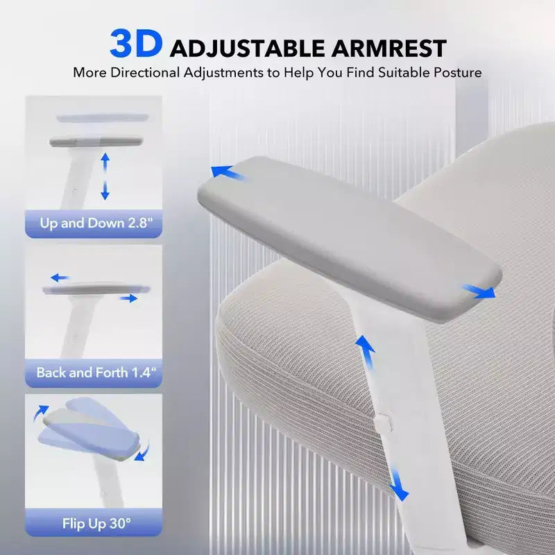 Chaise de bureau ergonomique à dossier haut, chaise de jeu en maille respirante avec support lombaire réglable et accoudoirs 3D