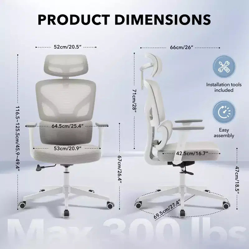 Chaise de bureau ergonomique à dossier haut, chaise de jeu en maille respirante avec support lombaire réglable et accoudoirs 3D