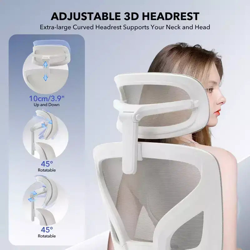 Chaise de bureau ergonomique à dossier haut, chaise de jeu en maille respirante avec support lombaire réglable et accoudoirs 3D