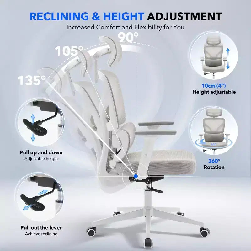 Chaise de bureau ergonomique à dossier haut, chaise de jeu en maille respirante avec support lombaire réglable et accoudoirs 3D