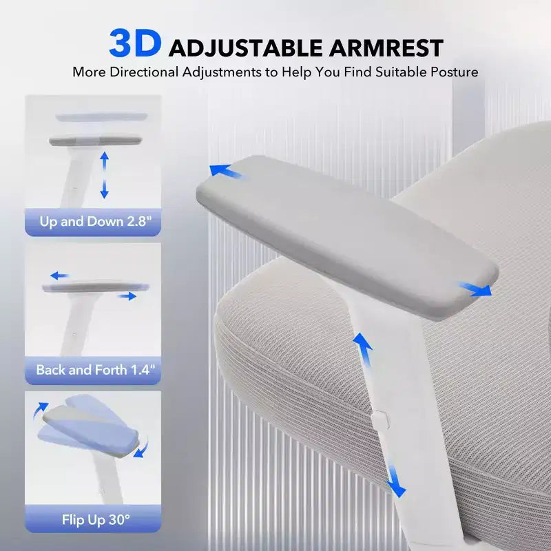 Chaise de bureau ergonomique à dossier haut, chaise de jeu en maille respirante avec support lombaire réglable et accoudoirs 3D