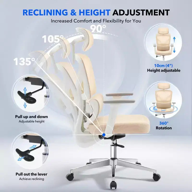 Chaise de bureau ergonomique à dossier haut, chaise de jeu en maille respirante avec support lombaire réglable et accoudoirs 3D