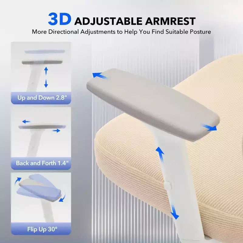 Chaise de bureau ergonomique à dossier haut, chaise de jeu en maille respirante avec support lombaire réglable et accoudoirs 3D