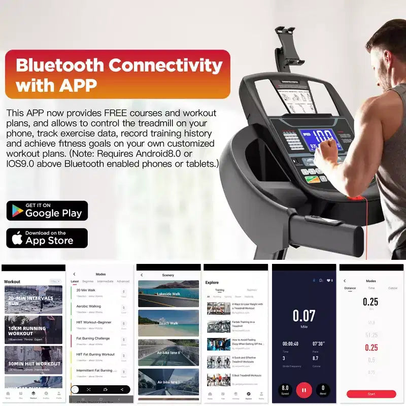 Tapis de course pliable pour usage domestique avec moteur de 4,75 CV, capacité de 136 kg, inclinaison sur 20 niveaux, 71 programmes d'entraînement, Bluetooth et prise en charge d'applications