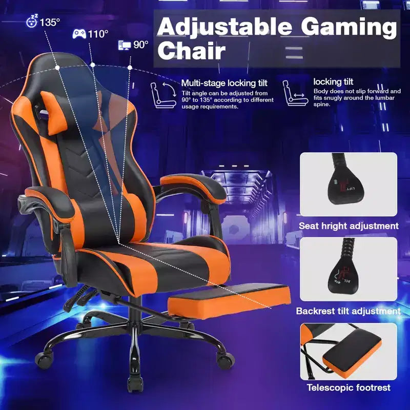 TUYOHW Chaise de bureau gaming pivotante à 360° avec roulettes, dossier inclinable, hauteur d'assise et repose-pieds réglables, chaise de jeu ergonomique, charge maximale 136 kg